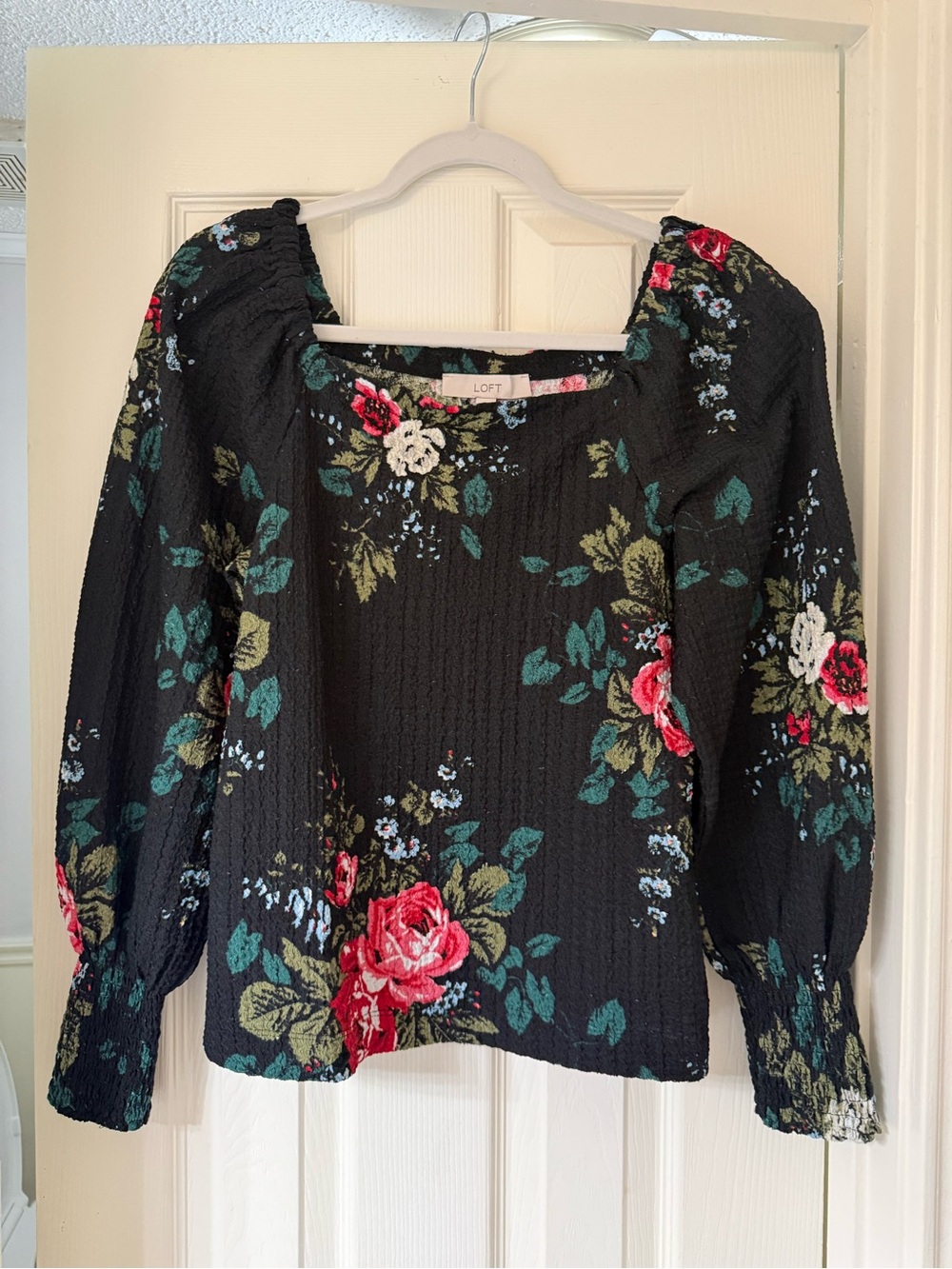 LOFT Black Floral Peasant Square-Neck Blouse